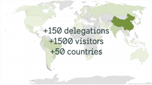 Map with 2019 statistics: 150 delegations, 1500 visitors and 50 countries
