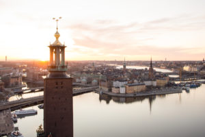 View over Stockholm with city hall tower in foreground