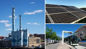 Photo montage of solar panels, an electric bus and power plant in Gothenburg