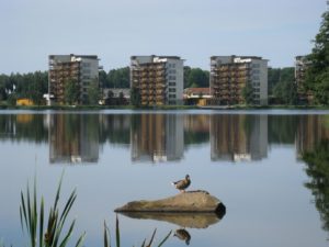 Residential houses at Limnologen, Växjö with water in the foreground