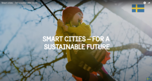 Child on a swing. Text: Smart Cities - for a sustainable future