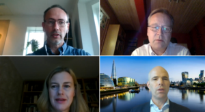 Monage of speakers at the webinar: Jonas Willaredt, Husqvarna (top left), Peter Isberg, ABB (top right), Elinor Kruse, Teknikföretagen (bottom left) and Daniel Nyman, KONE (bottom right)