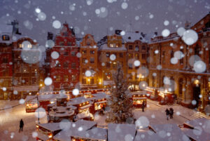 Old town in Stockholm in snowfall