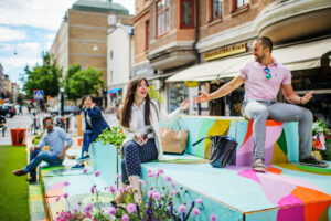 People hanging out on staircase