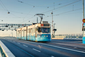 Tram going down street in Gothenburg