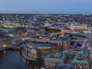 Swedish parliament building at night